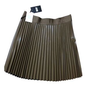 DKNY olive Faux‎ leather accordian Pleats logo waistband Mini Skirt size XL new